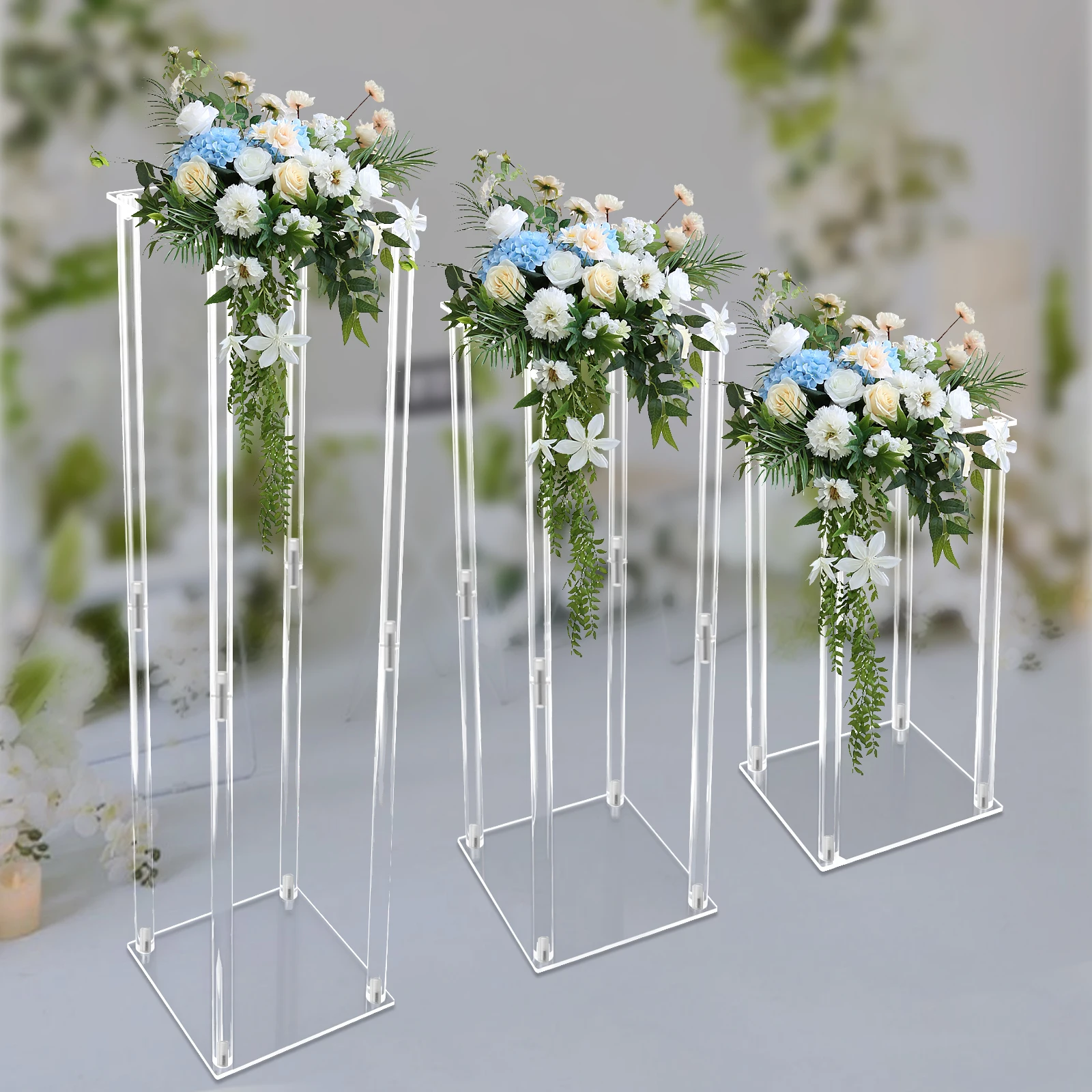 Centerpieces Pernikahan Vas Akrilik, 3 Buah Stand Display Bunga Kolom Bening, Stand Display Geometris untuk Dekorasi Rumah