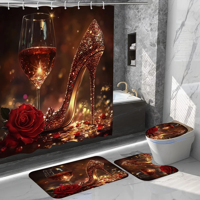 1pc/4pcs Fashion Theme Set, Glitter High Heels And Red Wine Glass Pattern Shower Curtain, Comes with Non-Slip Flo