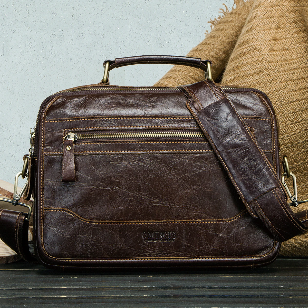 

CONTACT'S Genuine Leather Sling Shoulder Bag for Men High Quality Crossbody Messenger Bags Small Briefcase Male Tote Handbags