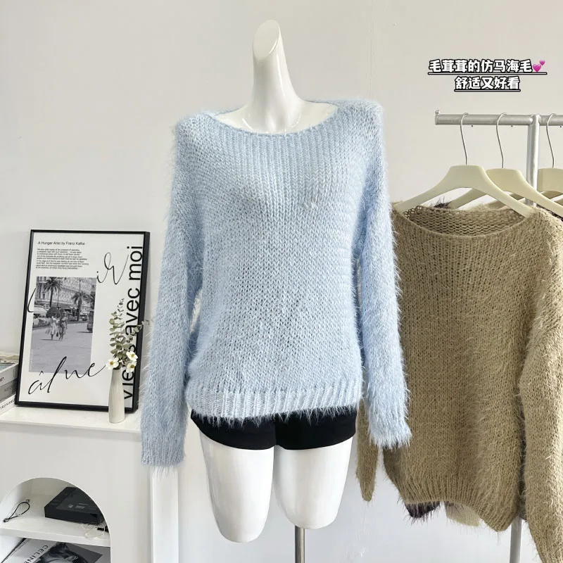 Korean-style Cozy Temperament Slouchy Knit Sweater Round Neck Solid Color Elegant Loose Women's Sweater