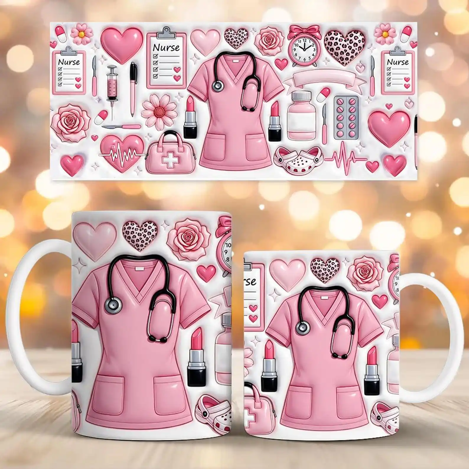 Inflated 3D Nurse Mug Wrap PNG 11oz 15oz Nurse Appreciation Nursing Themed Mug Sublimation Design Instant Digital Download