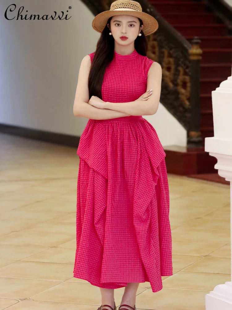 

French Elegant Vacation Vintage Dresses Summer Stand Collar Sleeveless High Waist Slim A-line Plaid Temperament Long Dress Women