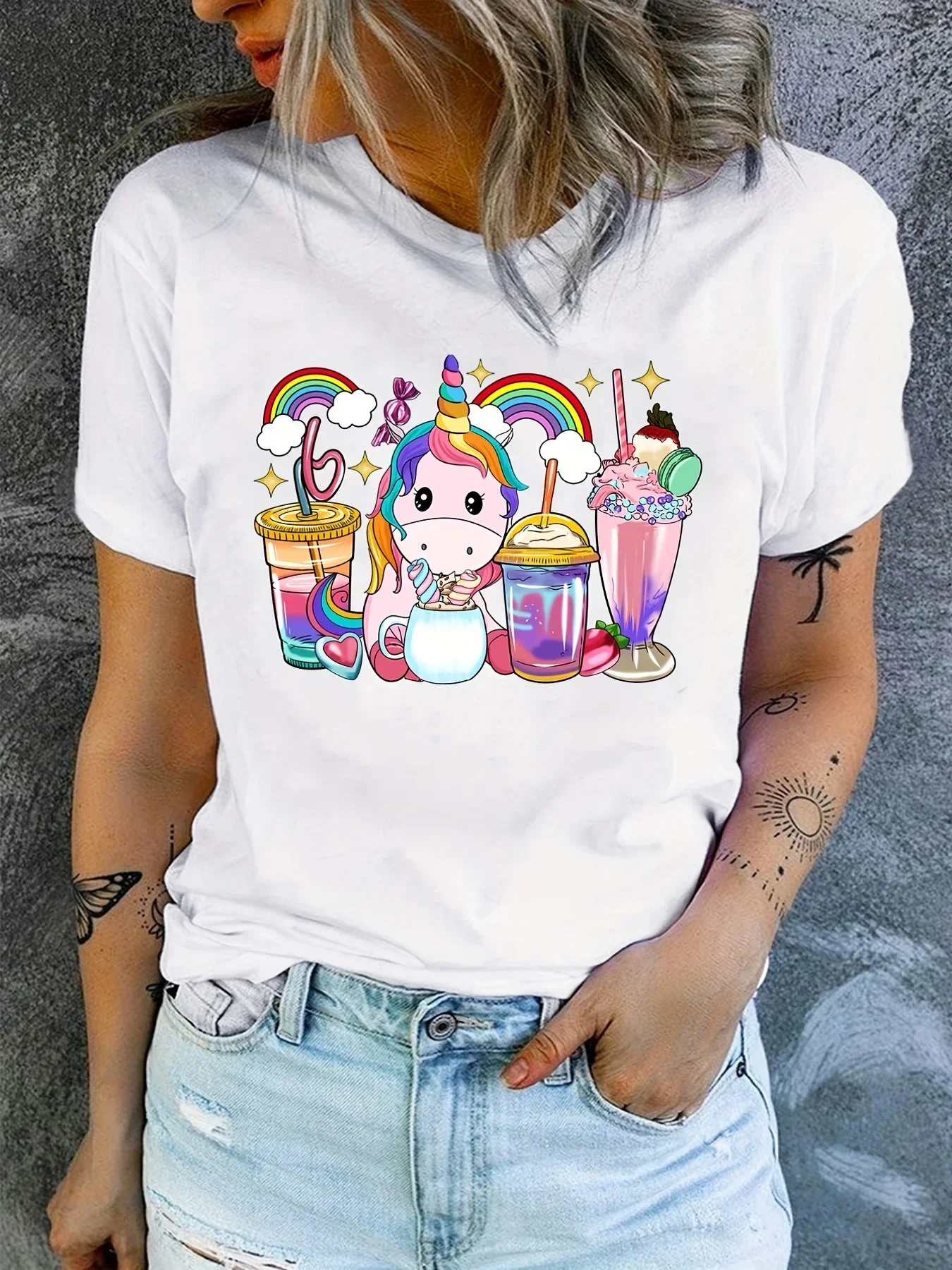Camiseta con estampado de unicornio arcoíris para mujer, camiseta de manga corta ligera y transpirable con cuello redondo, ropa informal perfecta