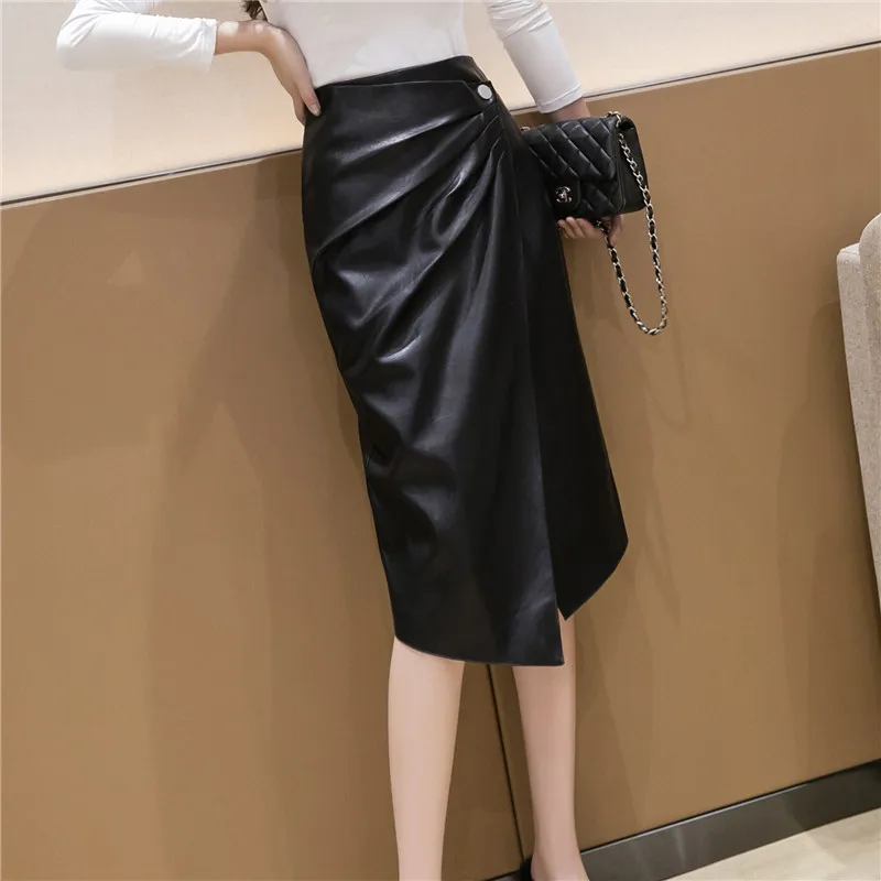 Asymmetric Pleat Design Black Leather Skirt Women's Mid-Length Slim Fit Midi Skirt Early Autumn New Style Street Style High W...