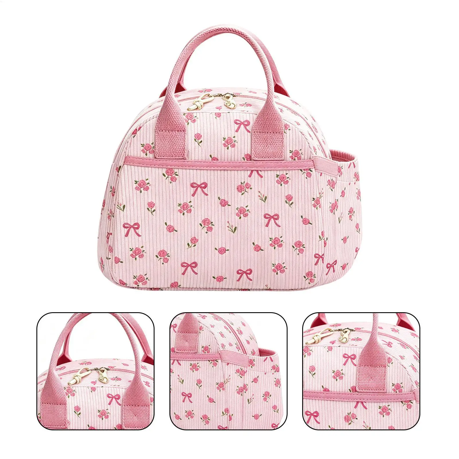Cute Lunch Box Large Insulated Leakproof Reusable Corduroy Fabric Pink Insulated Lunch Box For Women Girls Office School Picnics view 4