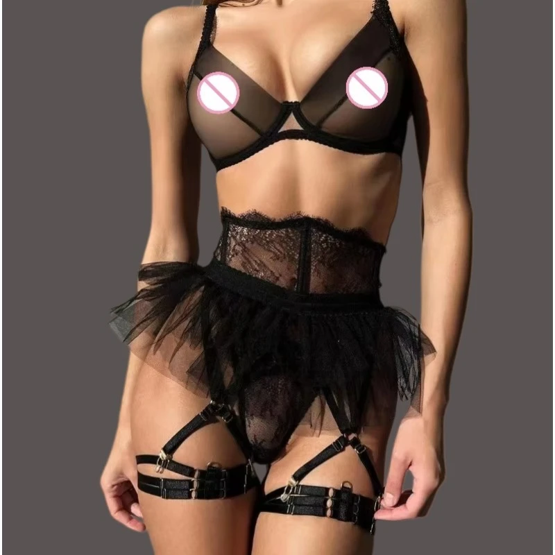 

Fancy Sexy Lingerie Sets for Women 4 Pieces Lace Bra and Panty Garter Mesh Patchwork Ruffled Skirt Underwear Set Erotic Costumes