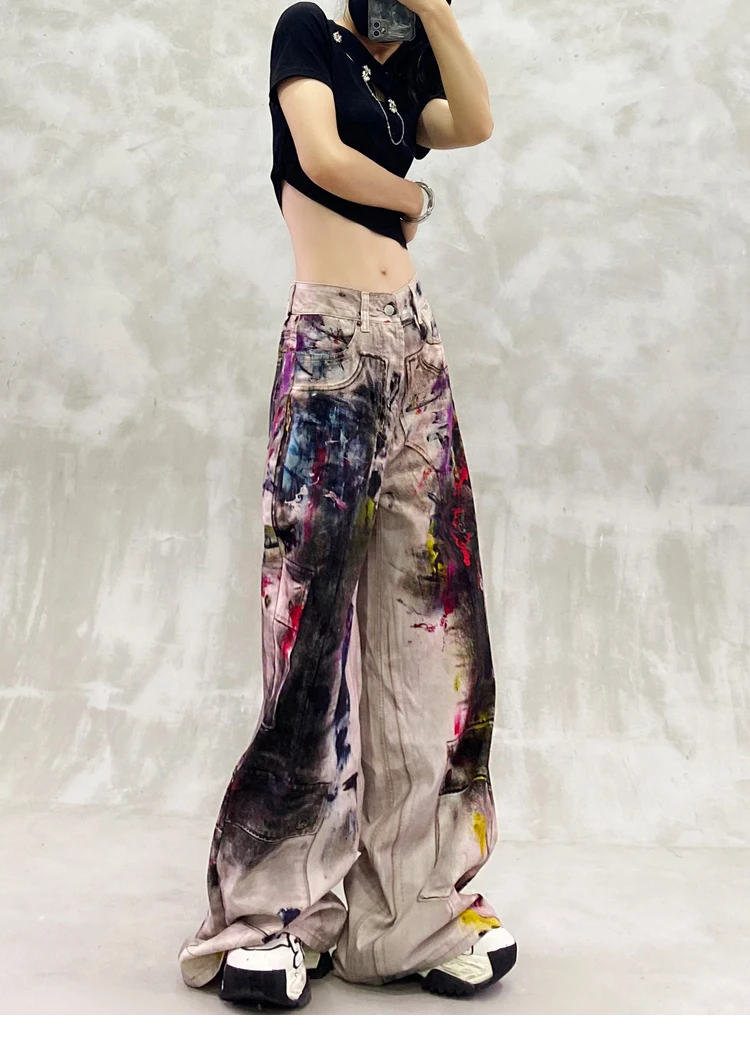 Cool Colorful Graffiti Jeans 2025 Summer New High Waist Loose Slimming Versatile Straight Wide Leg Floor-Length Pants