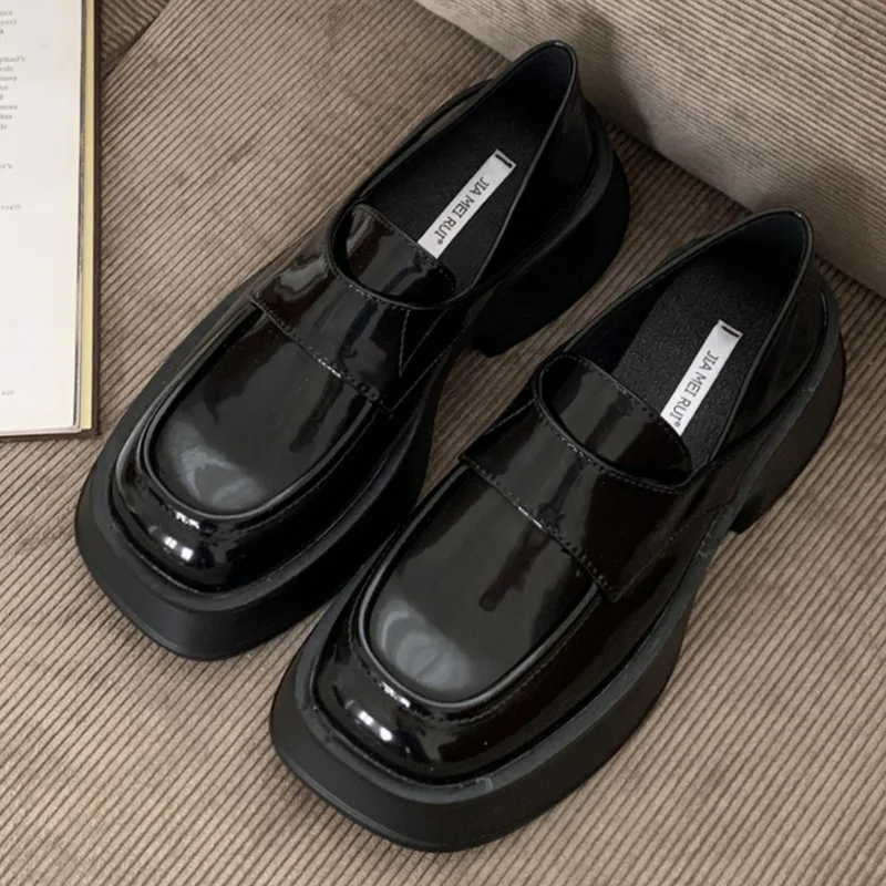 

Round Toe Small Leather Shoes For Women British Thick Soled Loafers Black College Style Retro Casual JK Women's Singles Shoes
