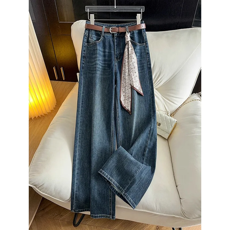 

Широкие джинсы с высокой талией, женские осенние универсальные модные синие пригородные узкие прямые джинсы, длинные брюки