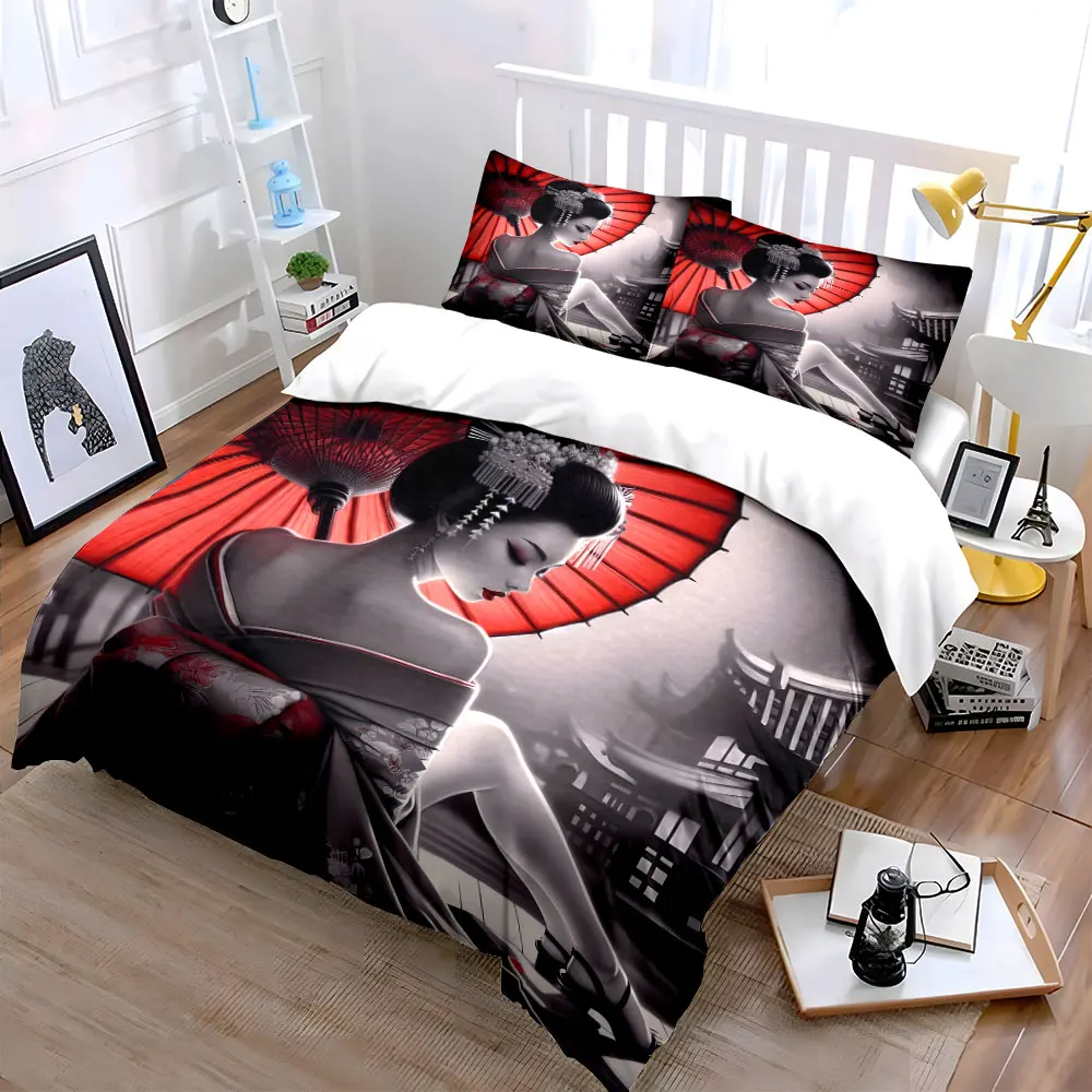 Geisha Art Decorative Set Bedding Set with 1 Duvet Cover 2 Pillowcases Single Double King Queen, Gift