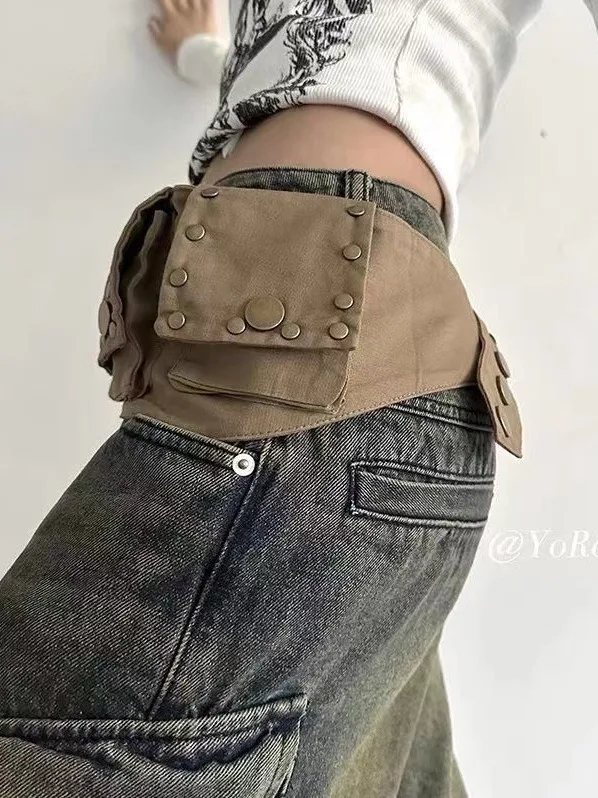 

Waist Bag Alloy Grunge Bum Belt Cotton Jeans Decor Waistband with Bag Wide Brown Belts Pockets Streetwear
