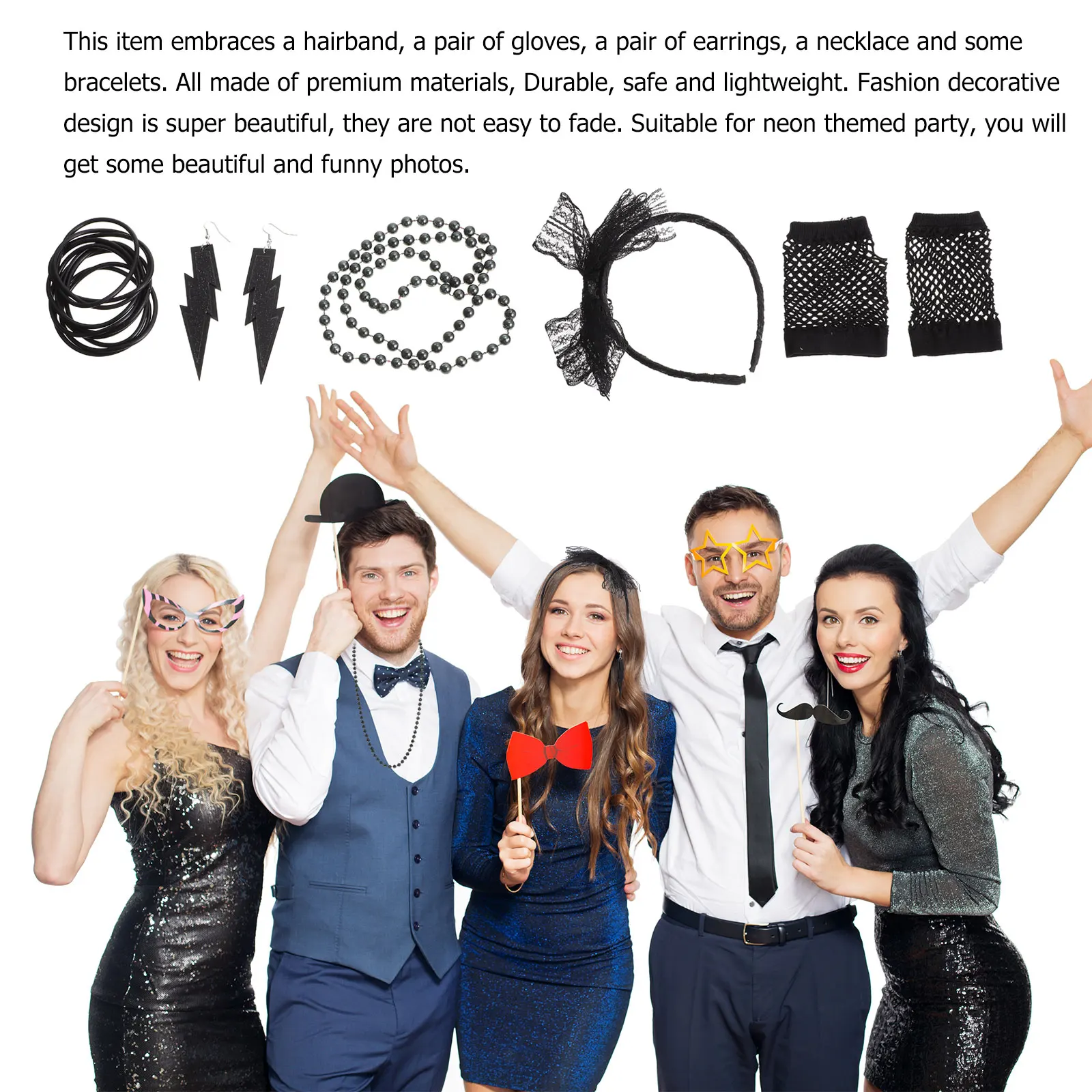 

Retro Theme Party Costume High Quality Lace Hairb Stylish Necklace Comfortable Long Lasting Use Party Clothes Neon Dress