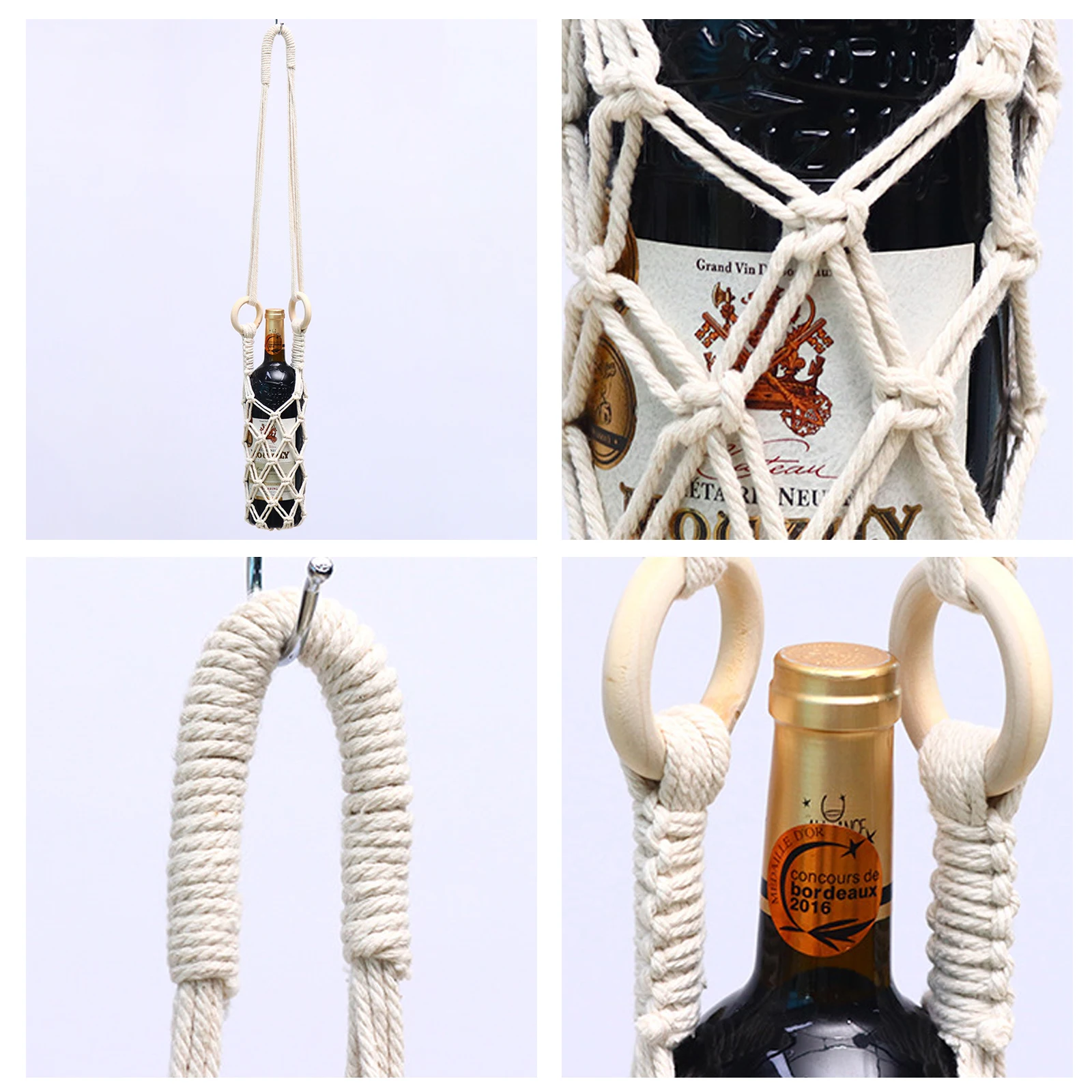 Macrame Wine Bottle Carrier Cotton Hanging Water Bottle Net Bag with Hooks Portable Bottle Storage Holder DIY Wine Accessories