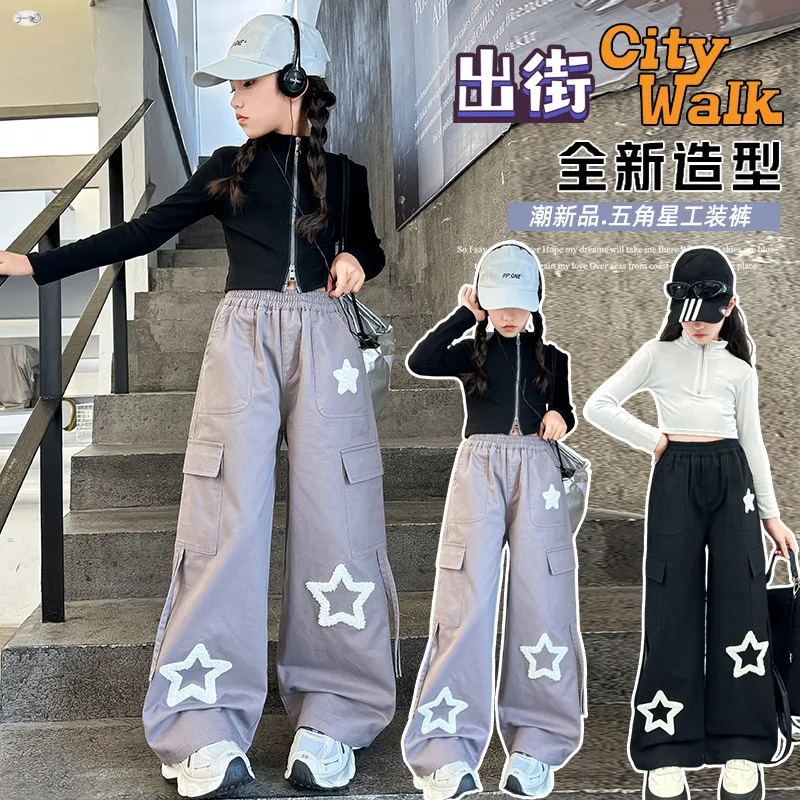

Girls' Cargo Pants 2025 Spring&Autumn New Girls Five-star Towel Embroidery Trousers Teenagers Children Straight Leg Loose Pants