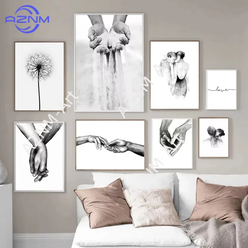 1 Stück Nordisches Schwarz-Weißes Kuss-Hand-Bild Wandkunst Leinwanddruck Minimalistisches Abstraktes Poster Liebeszitate Gemälde Wohnungsdekoration