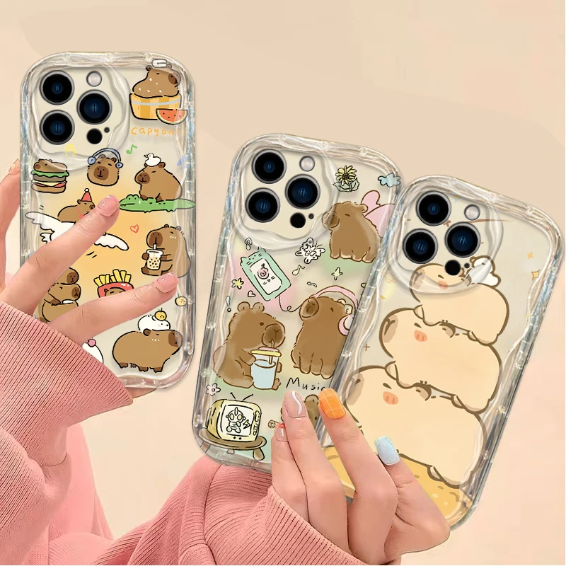 Lovely Cartoon Capybara 3D Wave Case For iPhone 16 15 14 13 12 11 Pro Max X XR XS 8 7 Plus SE 2020 TPU Silicone Shockproof Cover