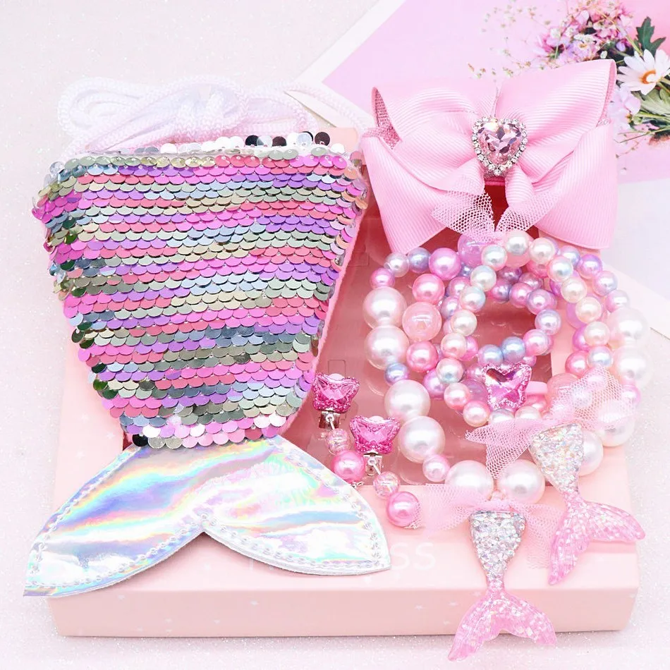 Kids Play Jewelry Set Girl Mermaid Coin Purse Necklace Bracelet Earrings Ring Kit with Box Children Princess Accessories Costume