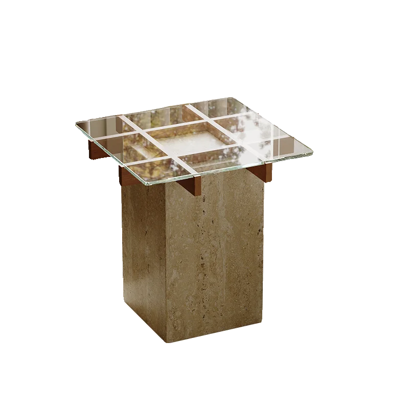

Wabi-sabi wind living room sofa side glass square small coffee table household light luxury travertine movable