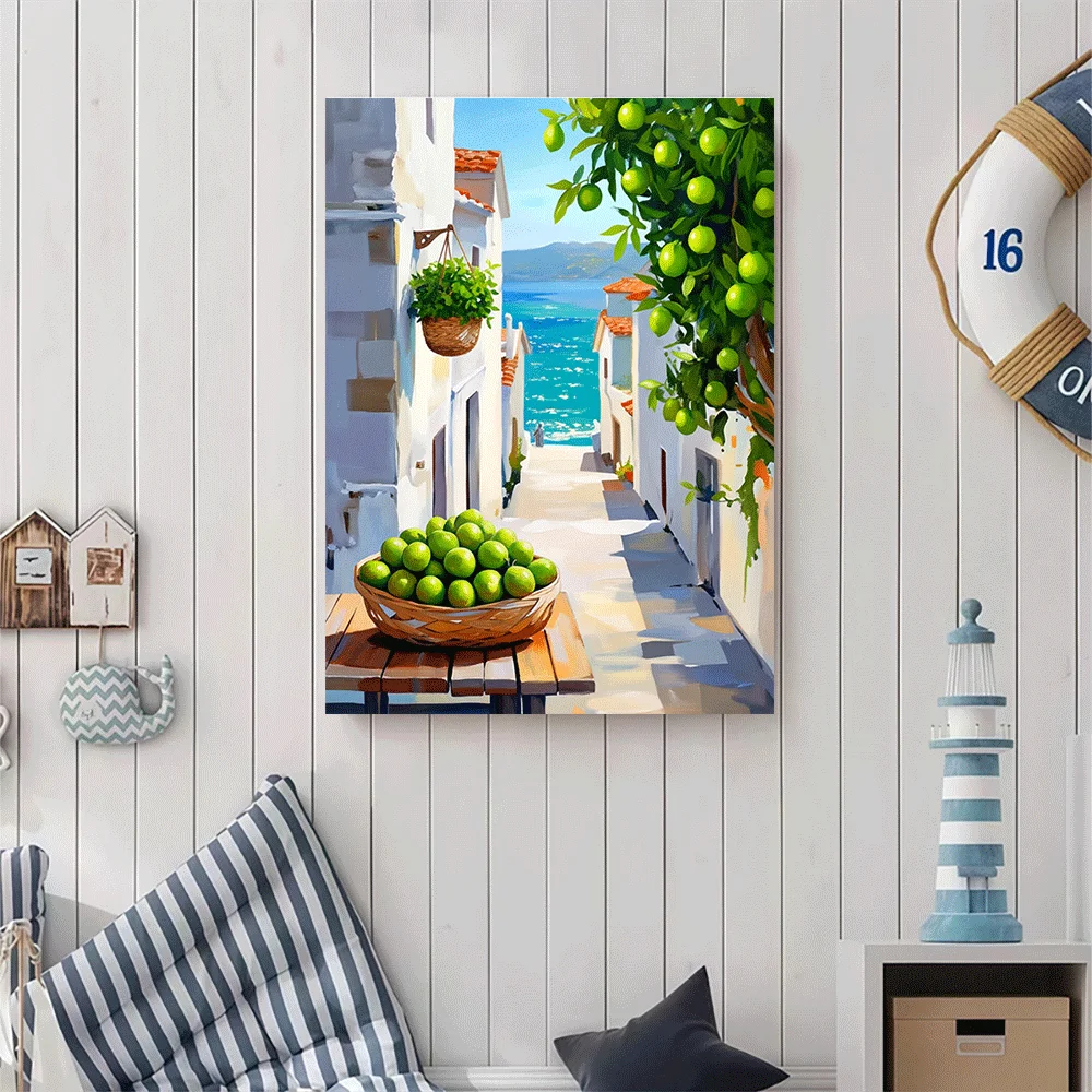 1PC-Unframed Canvas poster wall decoration  Mediterranean Street With Limes And Ocean View