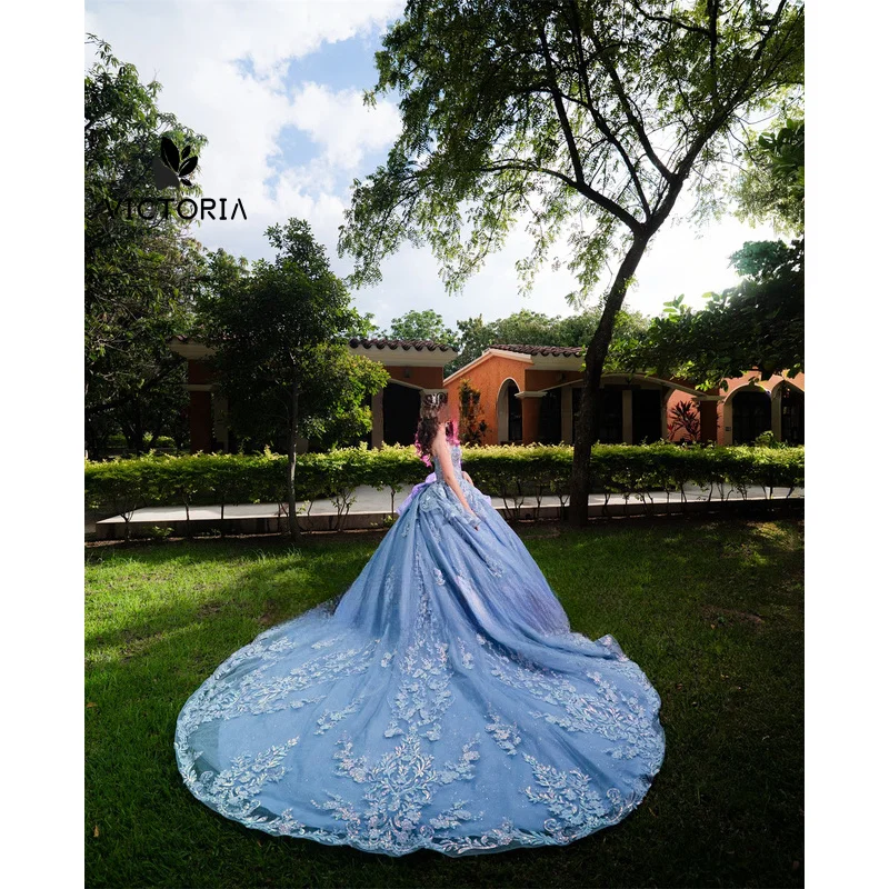 Elegant 3D Floars Quinceanera Dresses With Appliques Ball Gown Sweet 16 Customized Corset Sweep Train Tulle Masquerade Gowns