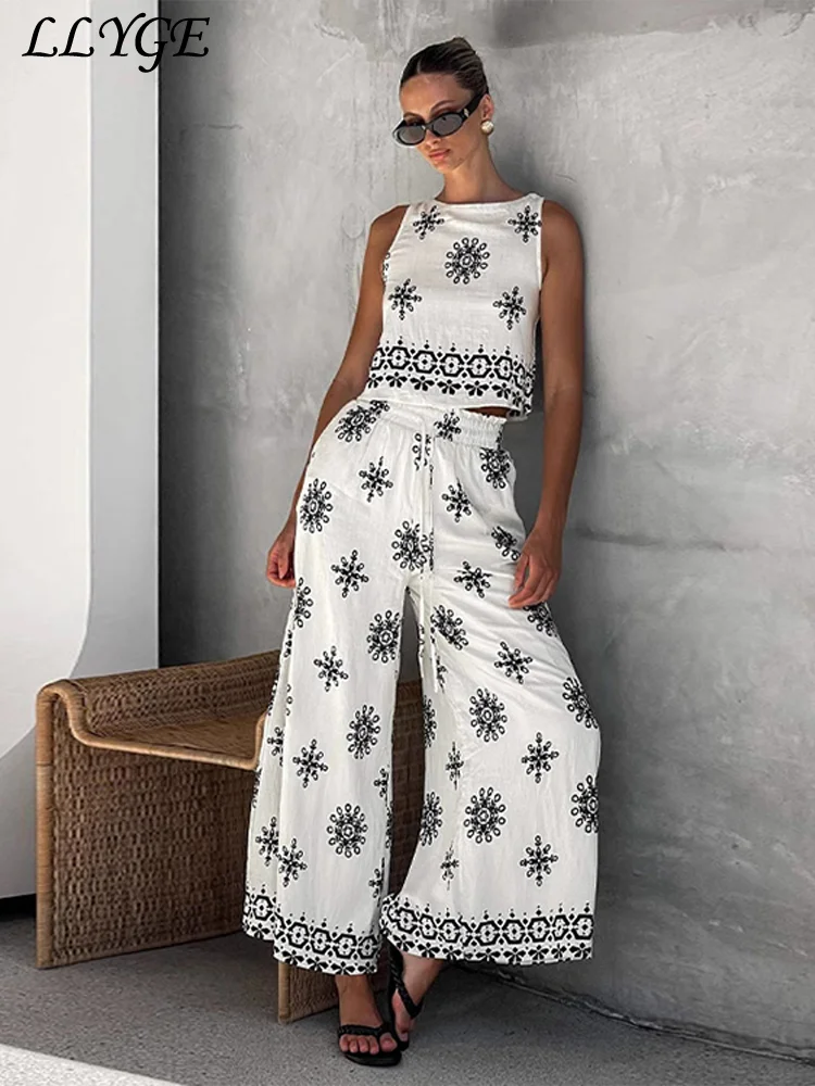 

Casual Print Vest Pants Sets Women O-neck Sleeveless Top Lace Up Wide Leg Trousers 2025 Spring Summer Lady Vacation Beach Outfit