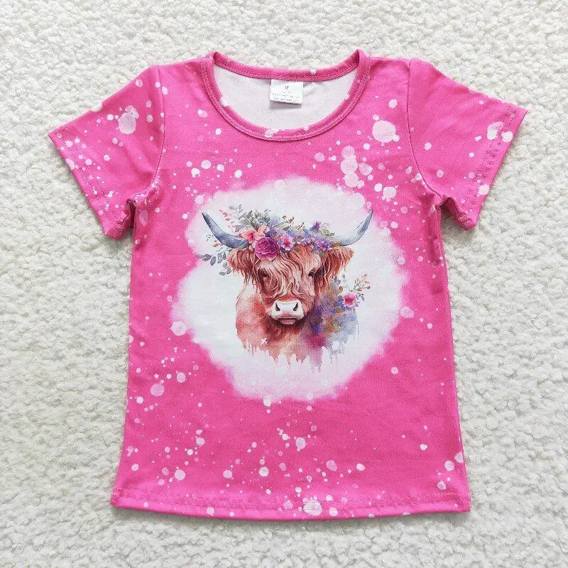 

RTS Baby Girls Hot Pink Highland Cow Print Short Sleeve Western Tee Shirts Top Wholesale Children Boutique Summer Milk Silk Top