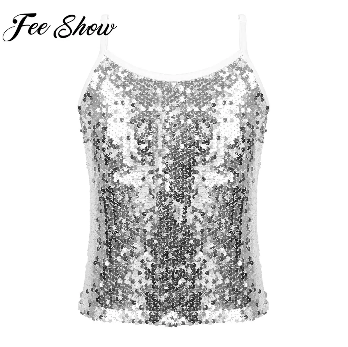 Kids Girls Shiny Sequin Vest Tank Top Hip Hop Jazz Dance Ballet Gymnastics Stage Performance Costume School Party Show Dancewear