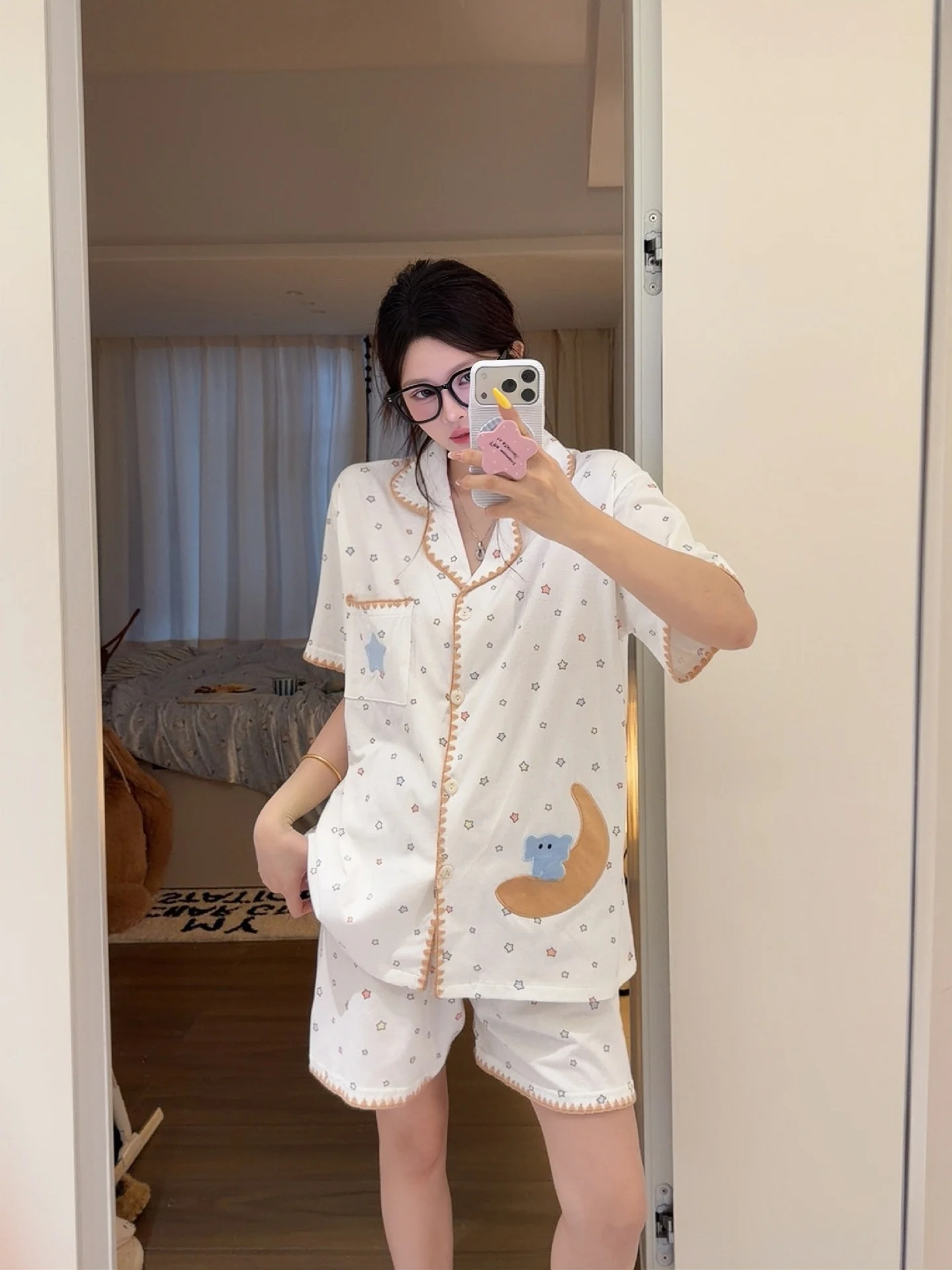 かわいい漫画の星小象純綿パジャマ女性の夏半袖ショーツフルコットンソフト通気性ホーム服セット