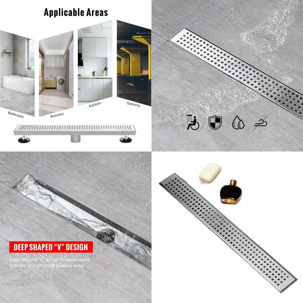 

24 Linear Shower Drain with Square Grate, Brushed 304 Stainless Steel, Adjustable Feet & Hair Catcher