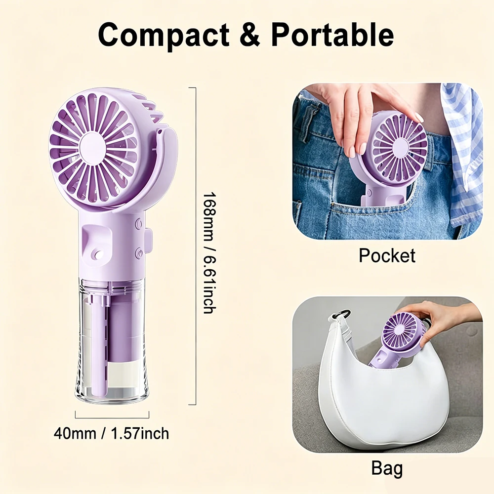 Tragbarer Handventilator, Luftbefeuchter-Ventilator, USB-aufladbar, für Outdoor-Camping, Handsprühgerät, persönlicher Ventilator, hängender Nackenventilator, Nebel-Schreibtischventilator – Detail 4