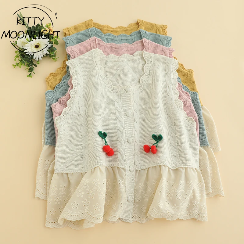 Autumn Lovely cherry Knitted Vest Sweater Women Vintage Japan Mori Girl Sleeveless Top Sweet Lace Patchwork Cardigan Waistcoat