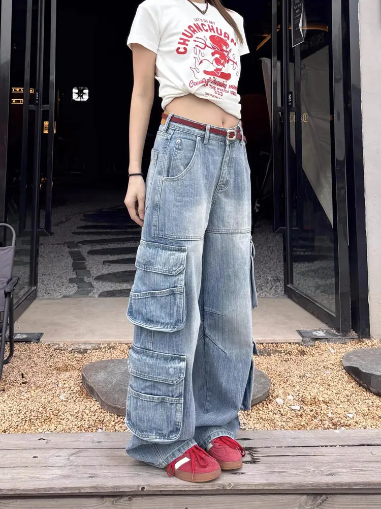 

Осень 2024, американские ретро джинсы с несколькими карманами, женские уличные винтажные прямые широкие джинсовые брюки, свободные мешковатые брюки