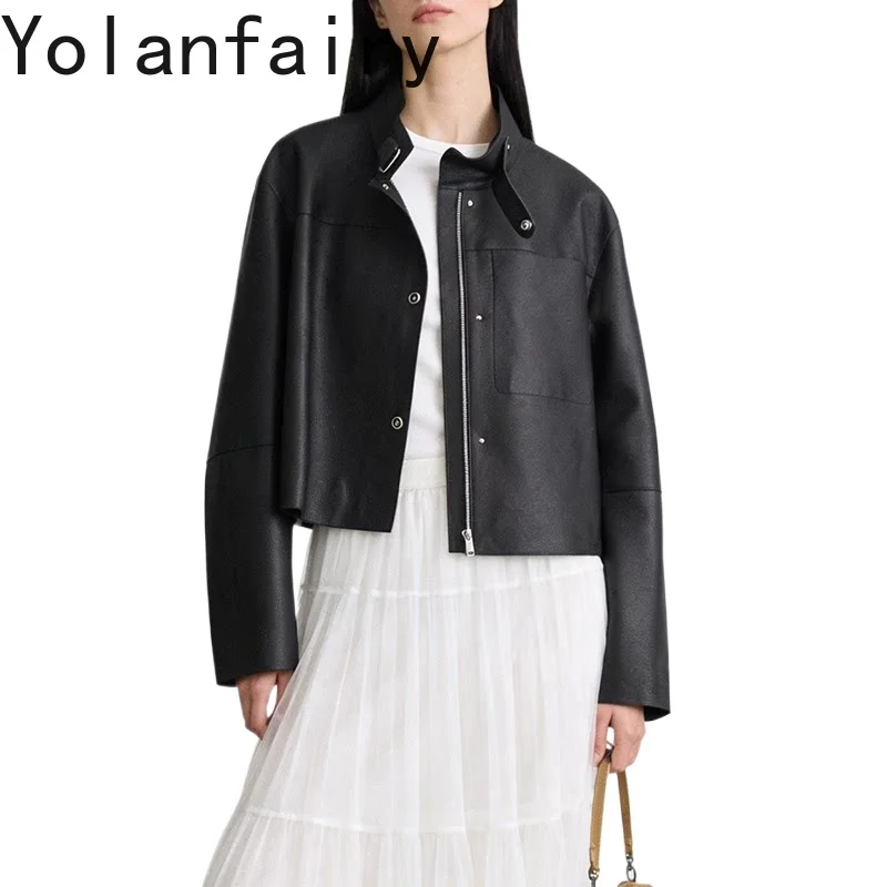 YOLANFAIRY 2026 Spring New Women Vintage Grain Goatskin Leather Jacket Cropped Short Genuine Sheep Goat  Real Leather Outerwear
