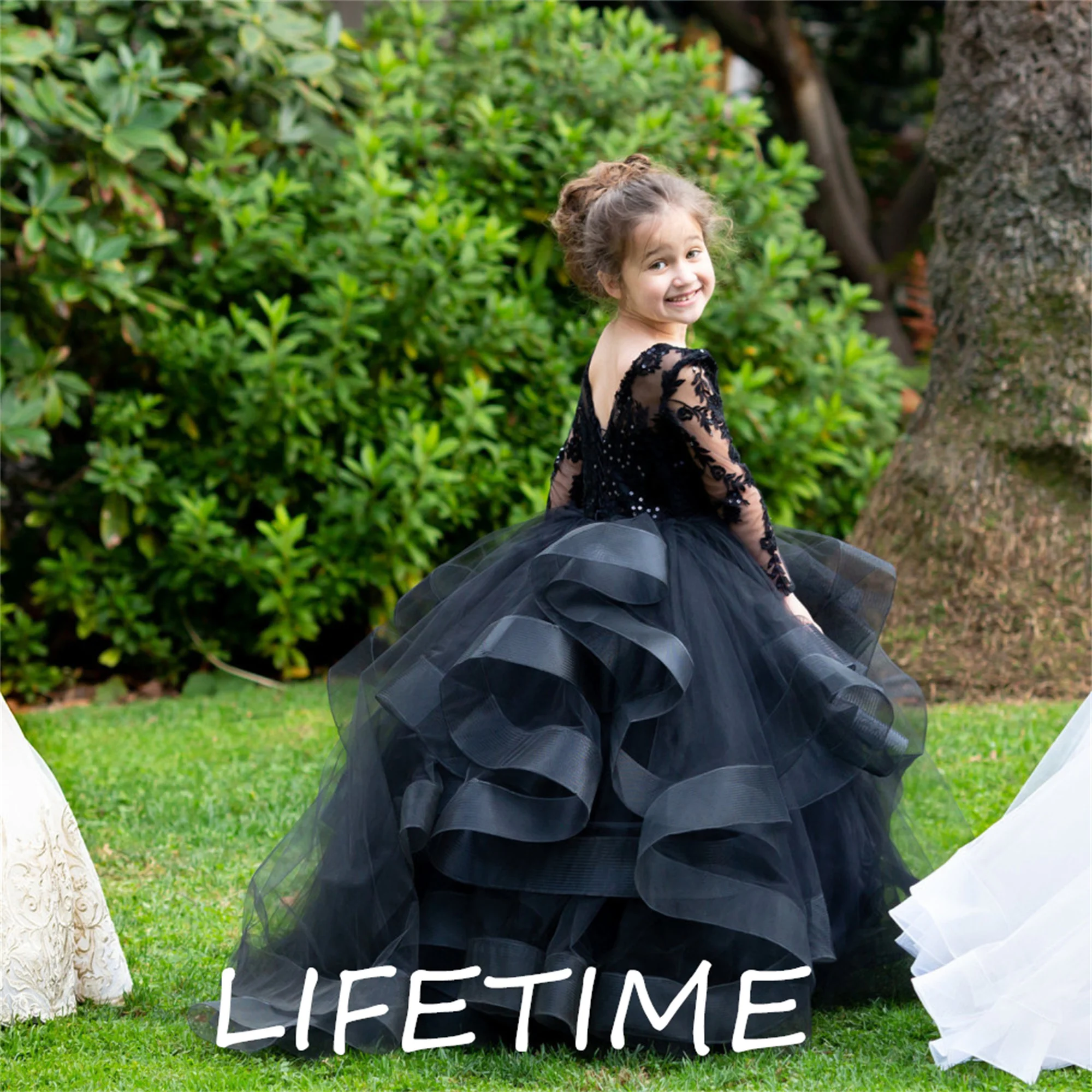 

Black White Long Sleeves Flower Girl Dress For Weddings Tulle Ruffle Lace Kids Pageant Ball Gowns Girls Birthday Dress