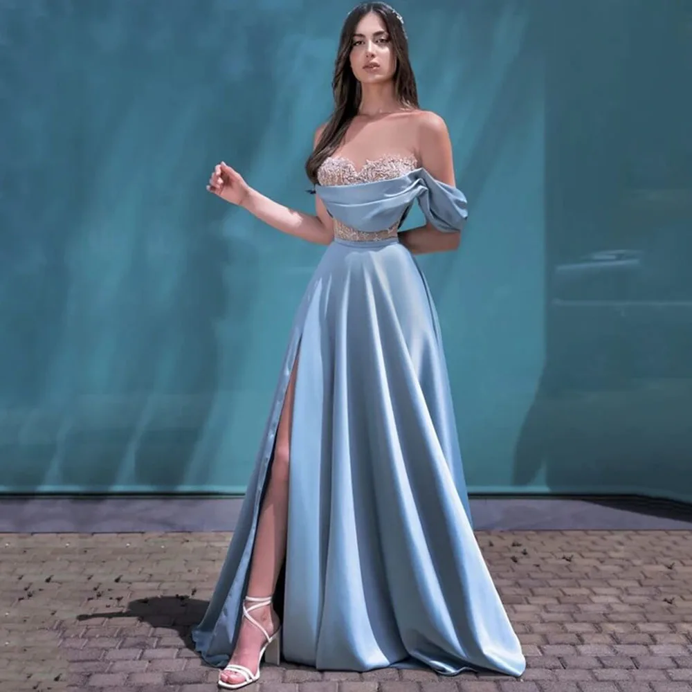 Classic Simple Light Blue Satin Evening Women Dress Side Slit Sweetheart Off Shoulder Slimming Pretty Formal Occasion Dresses