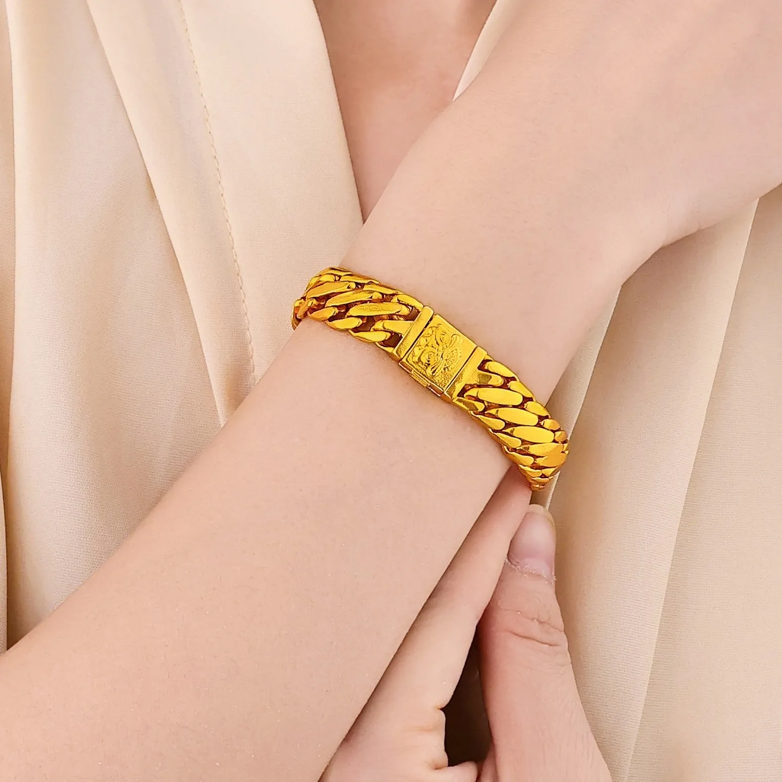 Luxury 24K 9999 Pure Gold real gold Awakening Lion Three Horse Whip Bracelet Men's and Women's Cuban Bracelet