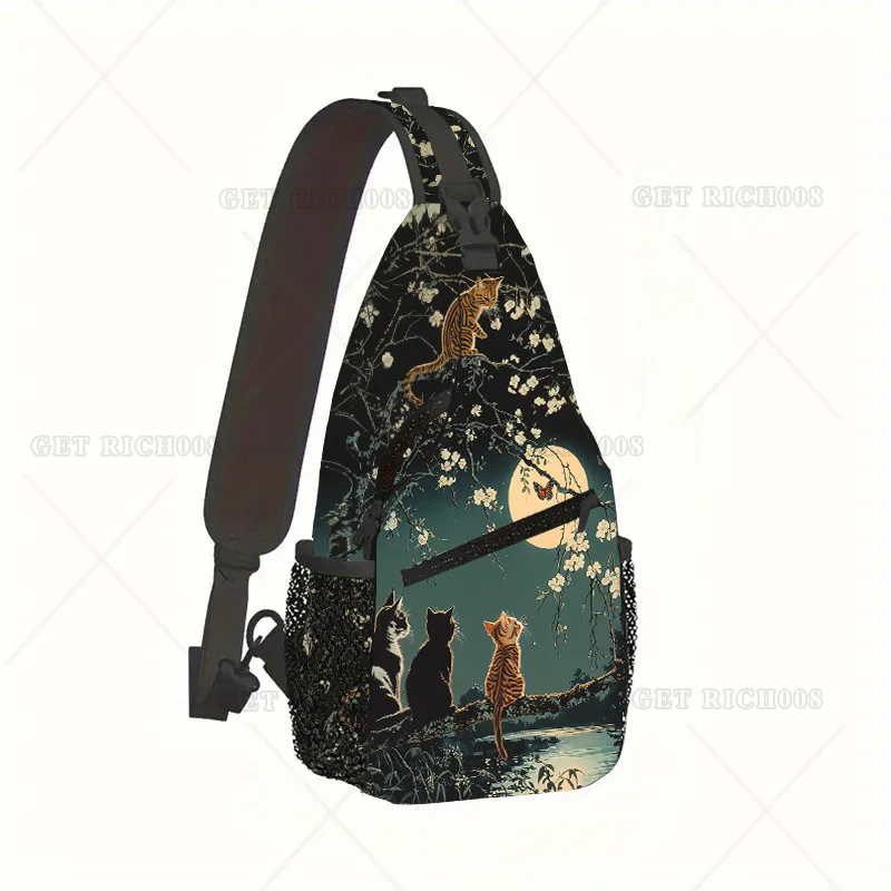 

Cat Moon Print Sling Backpack Lightweight, Large Capacity, Polyester Chest Bag for Cycling, Short Trips, Casual Outings