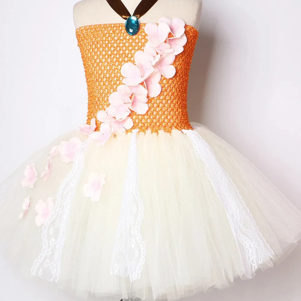 Beige Orange Moanna Princess Dresses for Kids Christmas Halloween Costumes for Girls Ballet Tutus with Necklace Flowers Hairclip