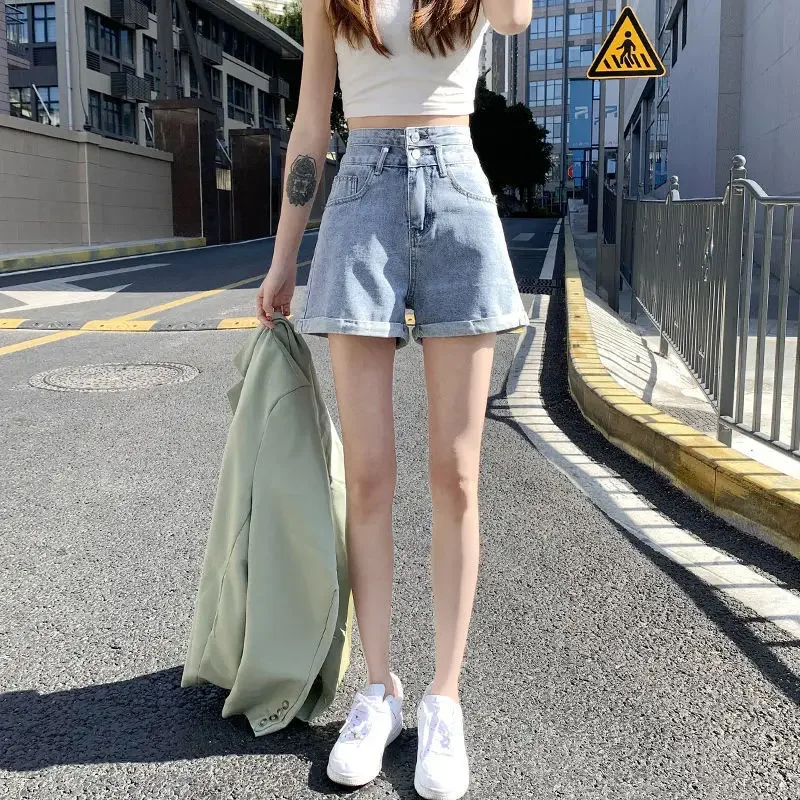 

Summer New High Waist Solid Denim Shorts Button All-match Loose A-linee Leg Hot Pants Trend Korean Fashion Women Clothing C02