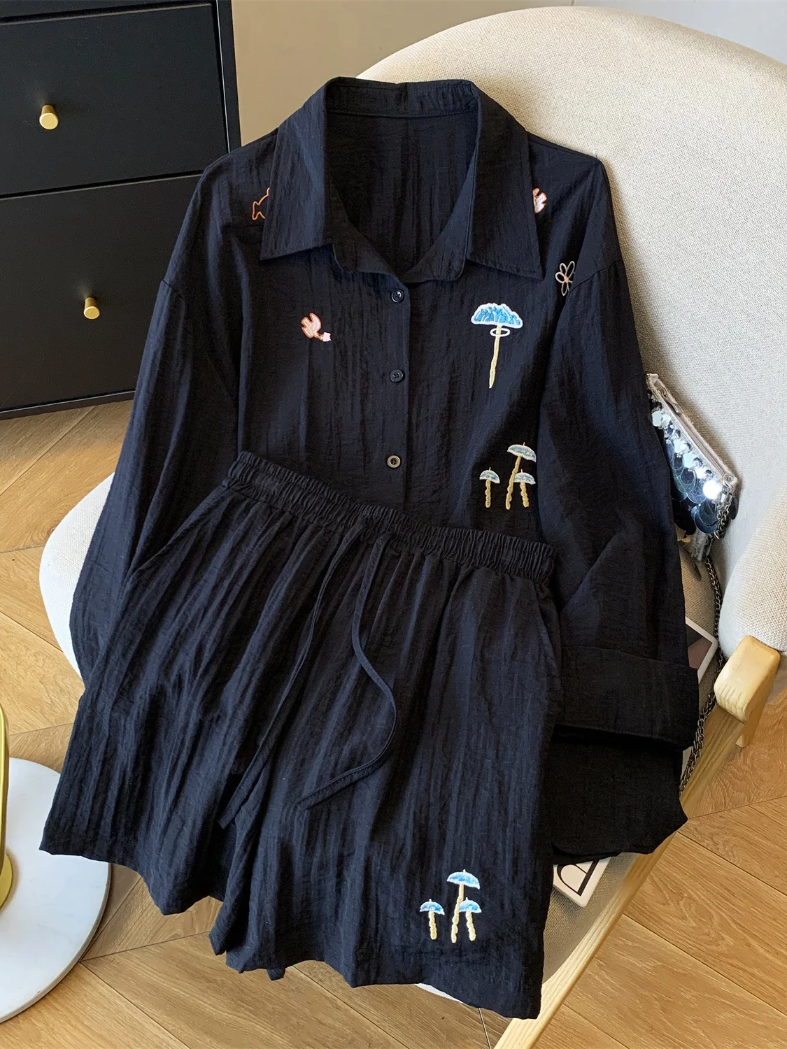 Sun Protection Embroidered Linen irt Heavyweight Loose Fit Summer 2025 Faion Set with ort Pants Long Sve  Collar