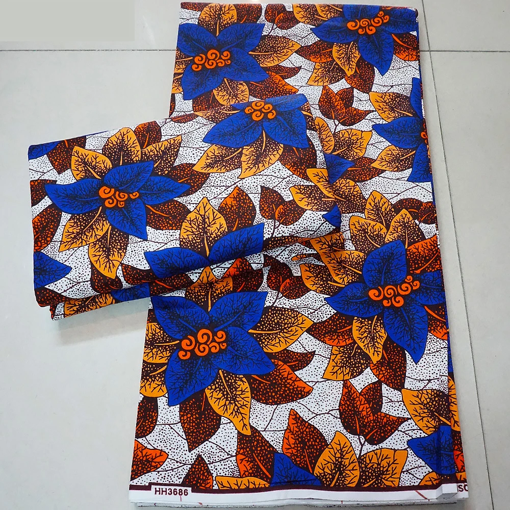 

6 ярдов длинной африканской восковой ткани с синими оранжевыми листьями с принтом, хлопковый батик, материал для весенне-летней одежды, шторы R900