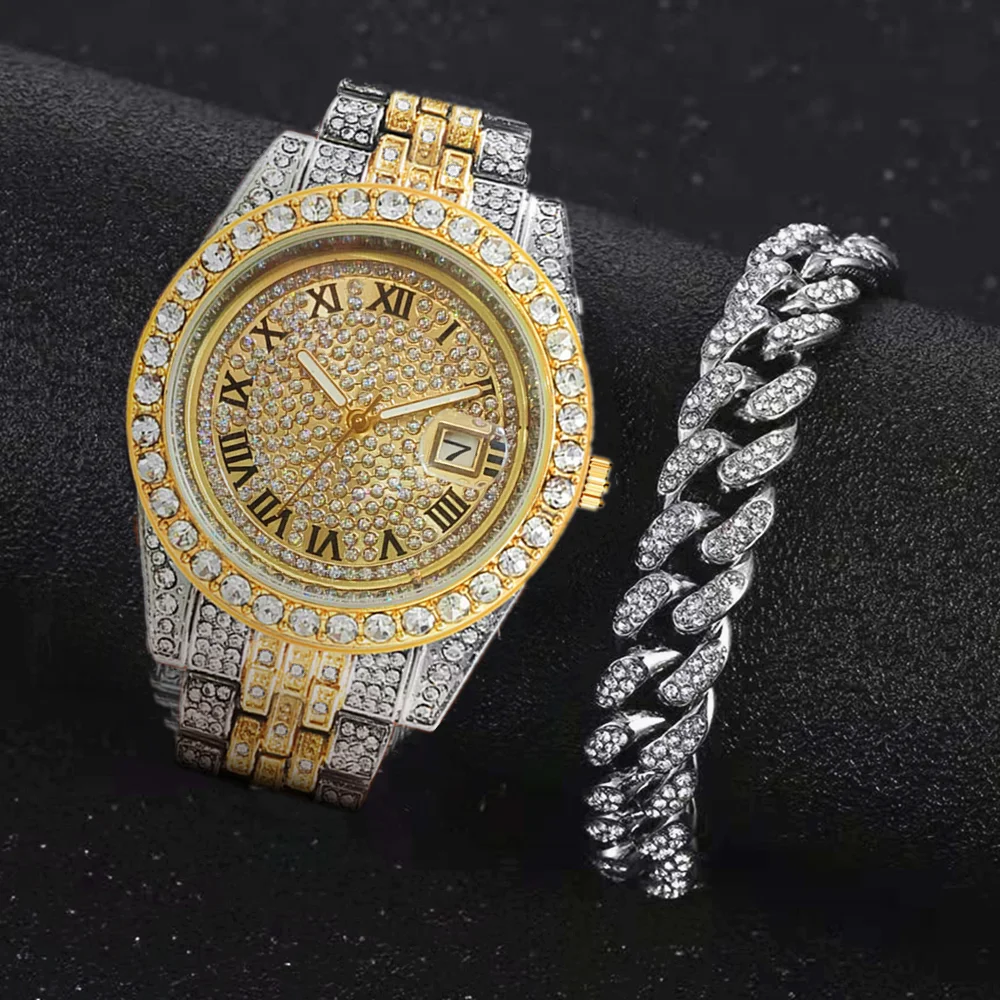 2pcs Full Iced Out Watches Men Miami Cuban Bracelet Bling Bling Luxury Watch Jewelry for Men Gold Watch Men Watch Set Clock Gift