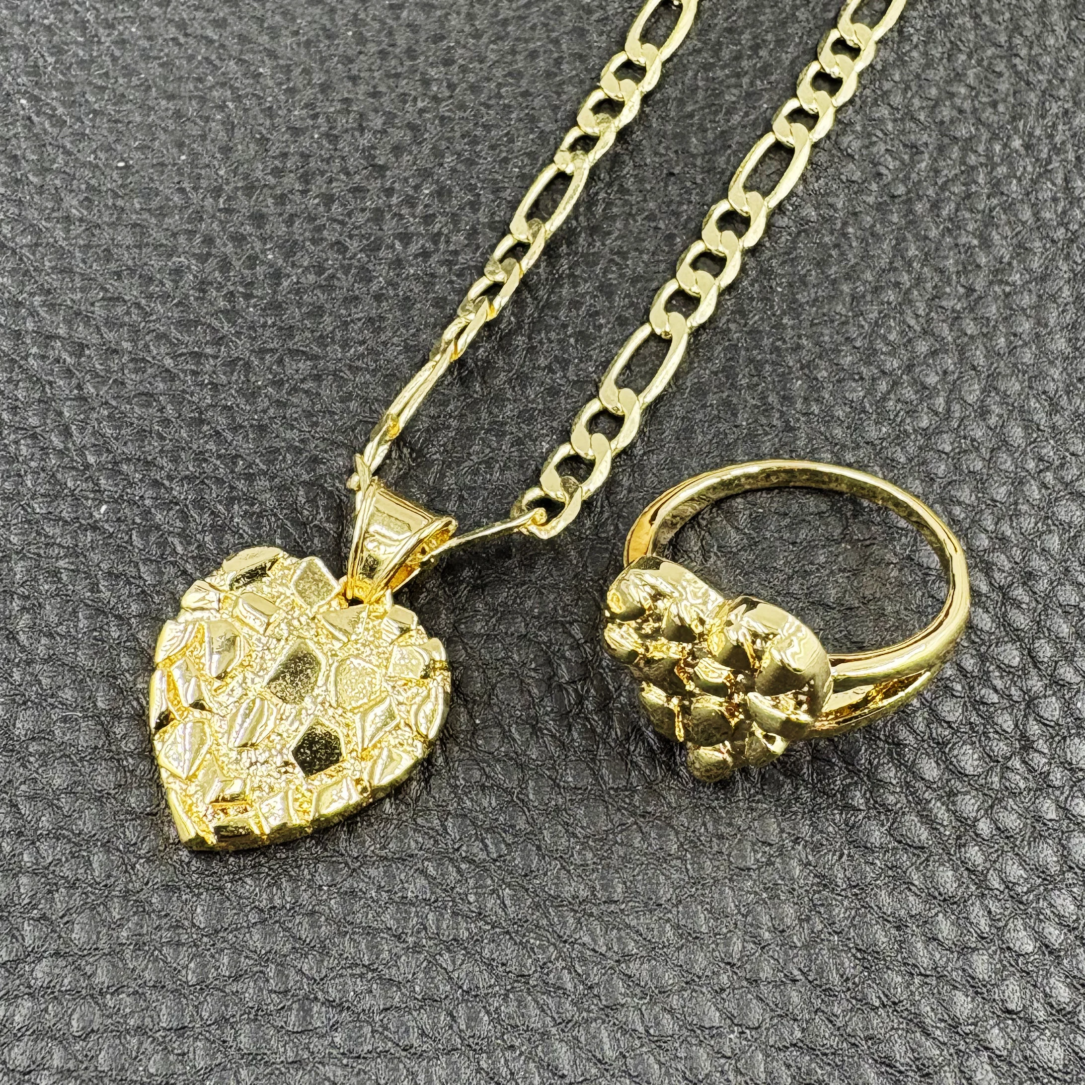 

14k gold plated heart shape necklace and nugget ring hip hop fashion jewelry set with cookie texture for women