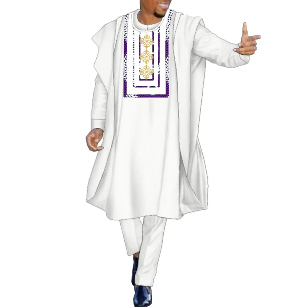 Conjunto de 3 piezas de ropa africana tradicional para hombre, pantalones de vestido con blusa, conjunto de pantalones de Color liso de retazos con