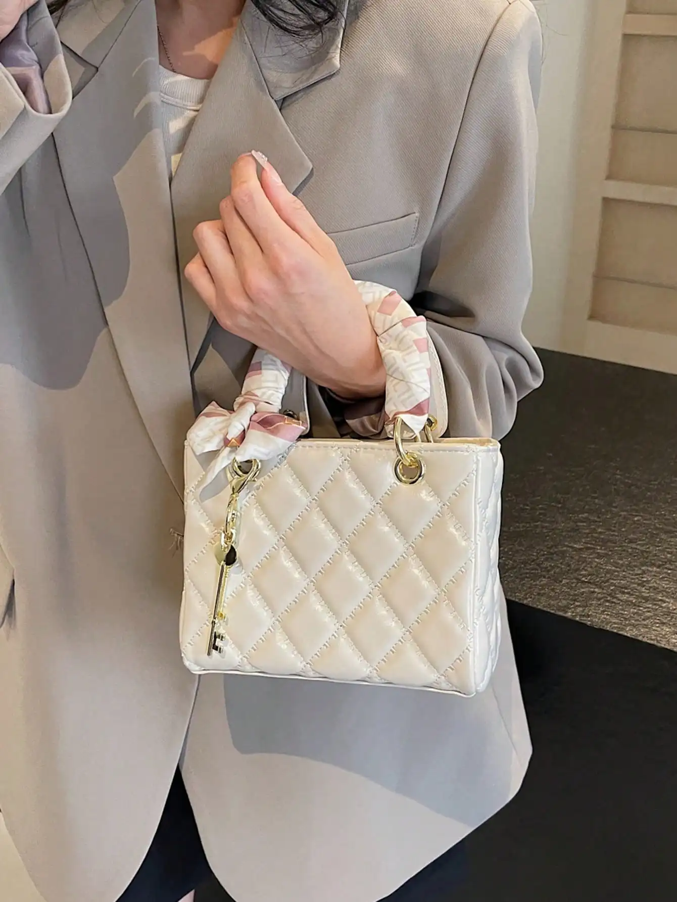 Quilted Small Square Bag Silk Scarf Key Pendant Niche Elegant Crossbody for Dating Gift
