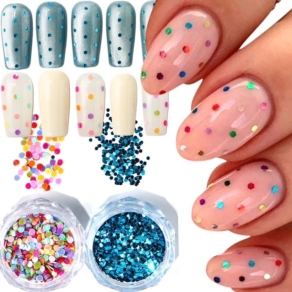 2 boîtes de mini paillettes à pois pour nail art, paillettes holographiques de luxe bleu marine, couleurs bonbon, flocons circulaires, décoration de manucure DIY