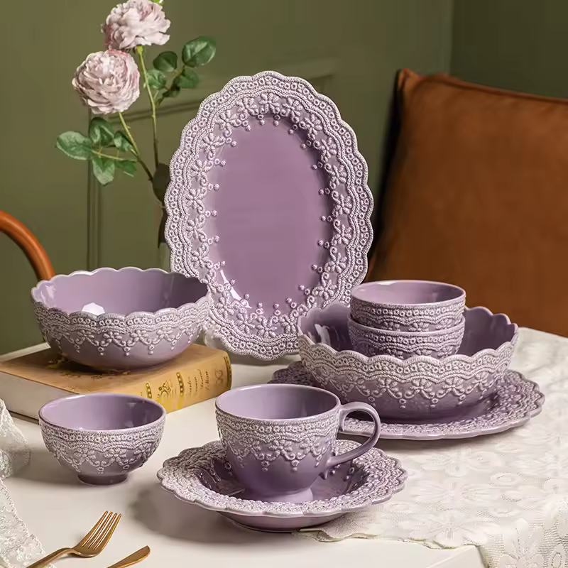 Princess Dress Elegant Girl Heart Purple Disc Good-looking Lace Relief Series Ceramic Tableware Bowls and Cups Dinnerware Set
