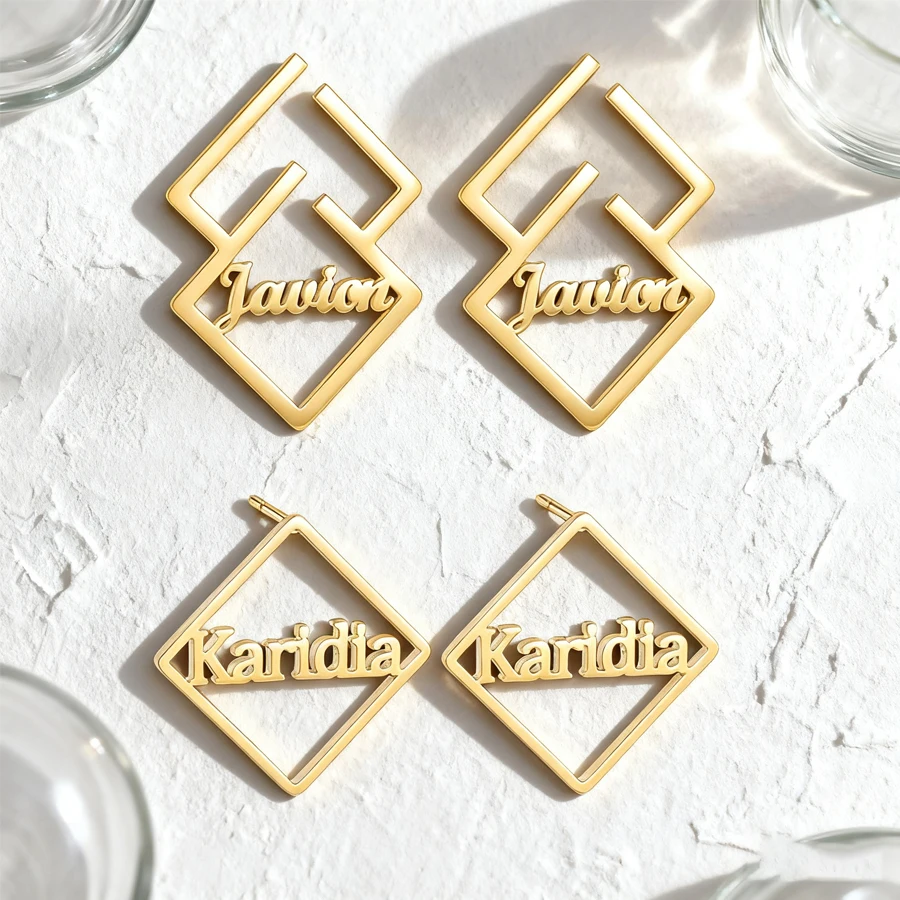 

Acheerup Minimalist Personalized Name Stud Earrings for Women Girl Stainless Steel Custom Square Earring Jewelry Christmas Gift