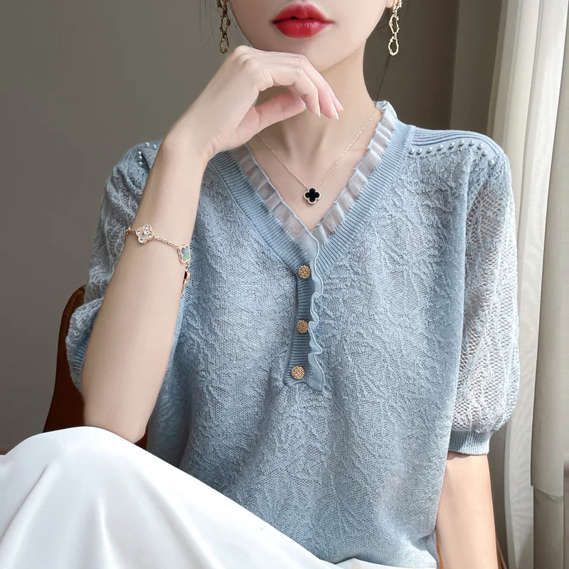 YSC New Fashion Women\'s V-neck Pullover Wool Knitted Sweater Lace short sleeved High quality Casual clothing Korean Fashion