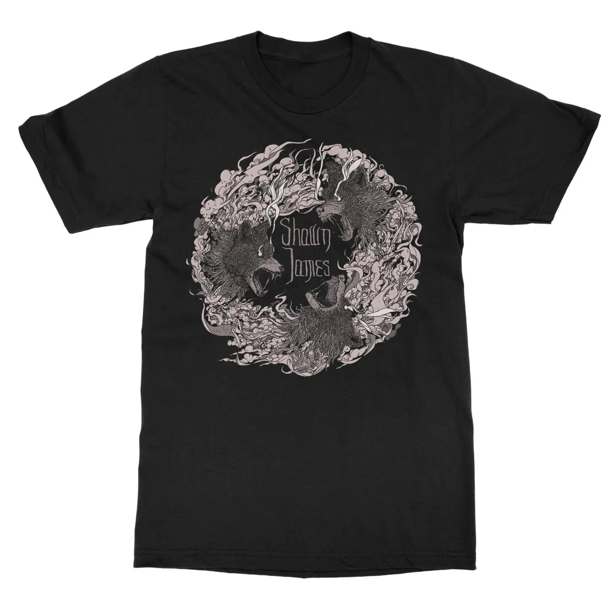 Shawn James Wild Howling Wolf Circle Theme Print T‑Shirt, Equipped with Elaborate Circular Wreath Art Print